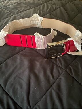 Wide Red Women's Fashion Belt with Gold-Tone Buckle